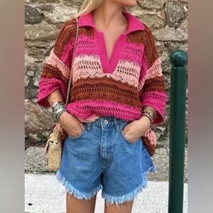 ZARA Oversized Crochet Knit Polo Sweater Pink Brown Striped size S - M